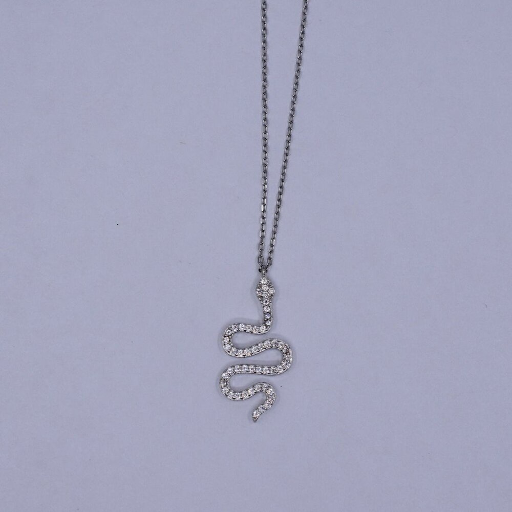FREE SHIP Snake Shape Studded Pendant 925 Sterling Silver Necklace